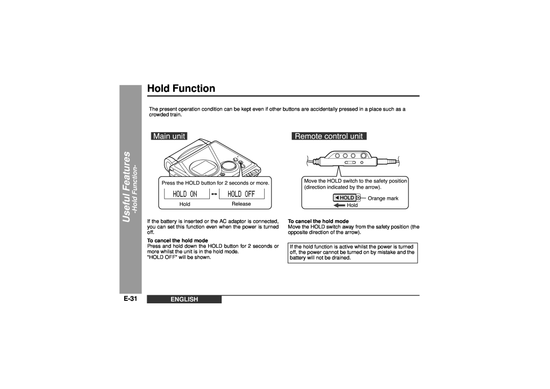 Sharp MD-MT99C operation manual Hold Function, Useful Features -HoldFunction, E-31, English 