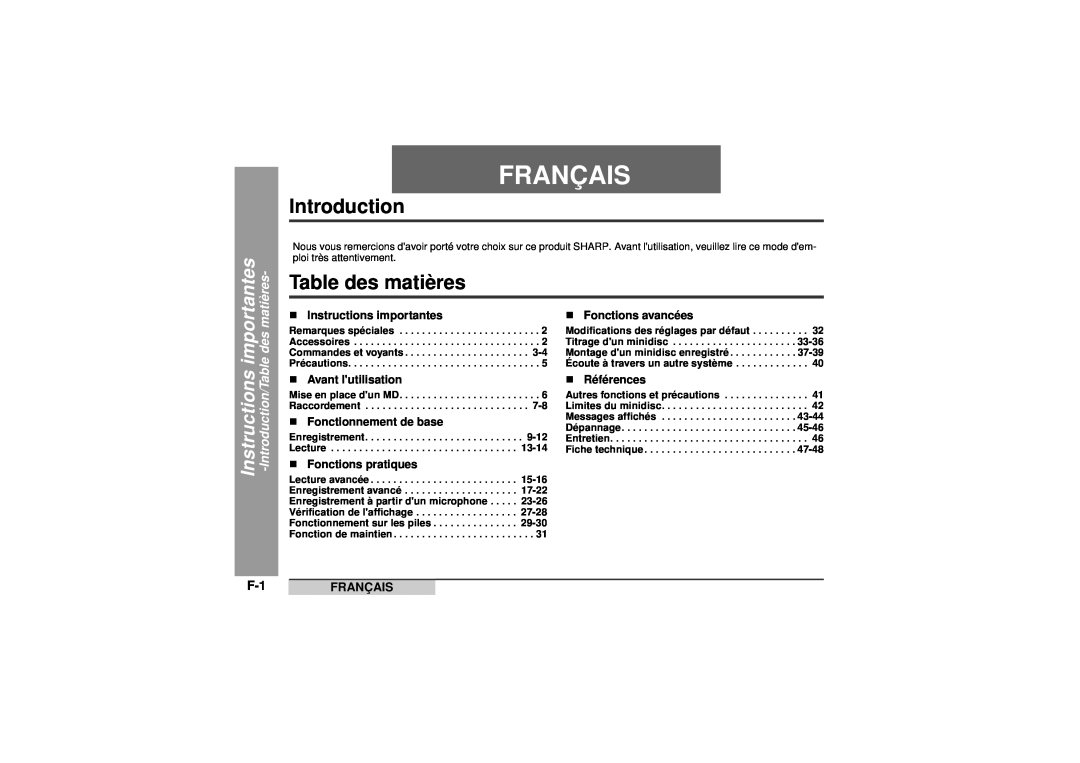 Sharp MD-MT99C Français, Table des matières, „ Instructions importantes, „ Fonctions avancées, „Avant lutilisation 