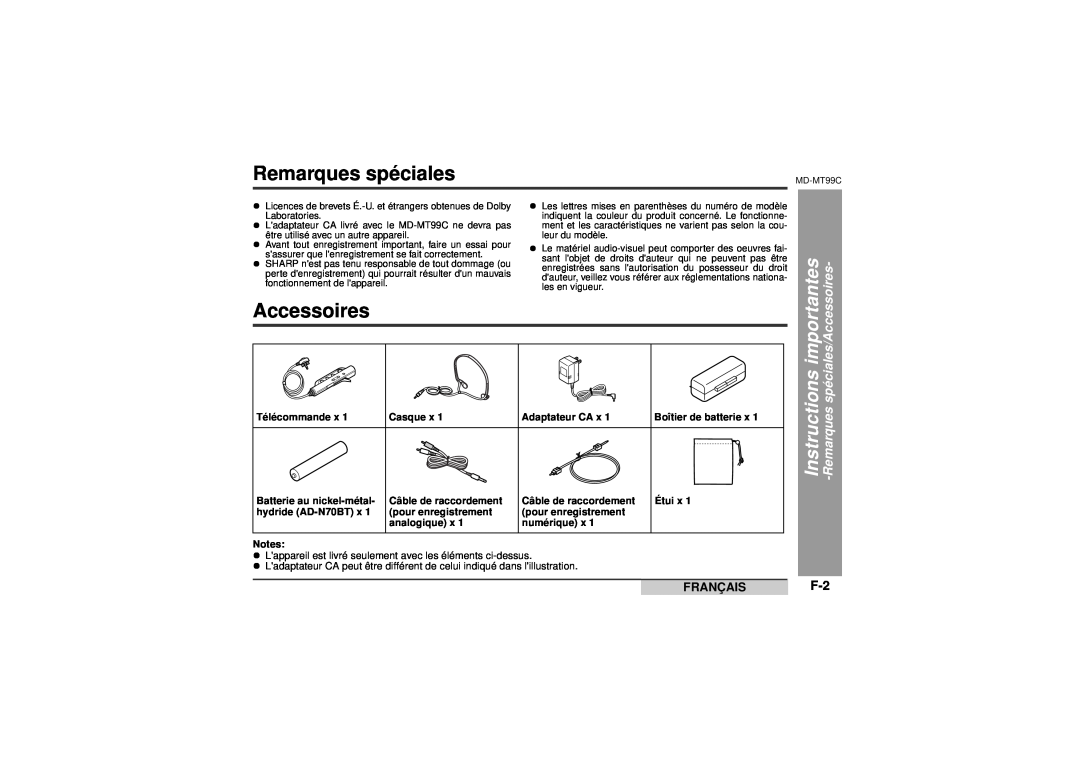 Sharp MD-MT99C operation manual Remarques spéciales, Accessoires, Français 