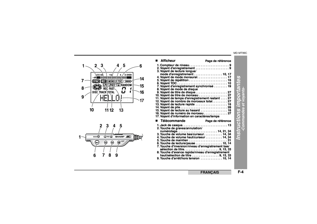 Sharp MD-MT99C operation manual „ Afficheur, „ Télécommande, importantes, Instructions, et voyants, Commandes, Français 