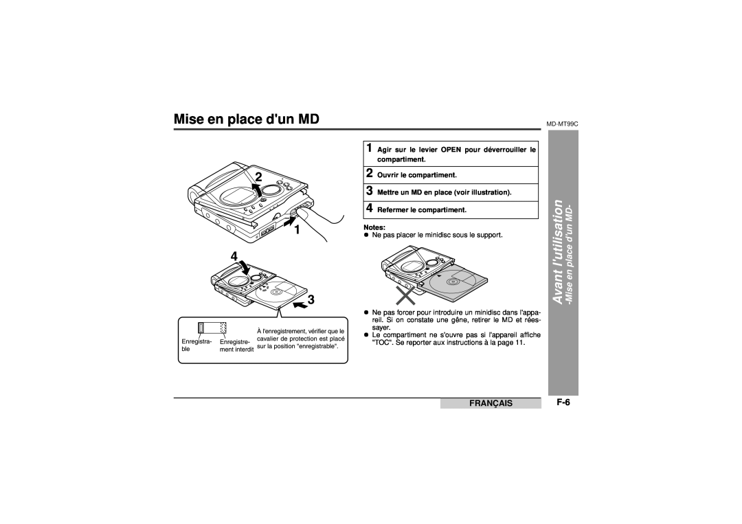 Sharp MD-MT99C operation manual Mise en place dun MD, lutilisation, Avant, Miseen, Français 