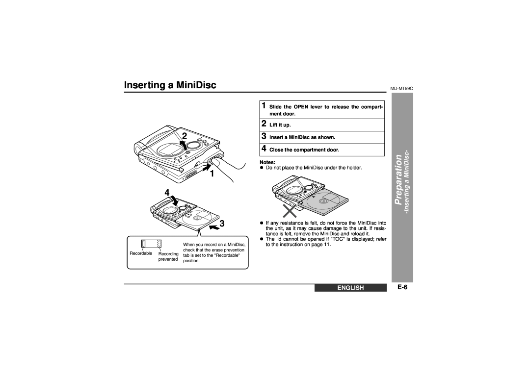 Sharp MD-MT99C operation manual Inserting a MiniDisc, Preparation, English 