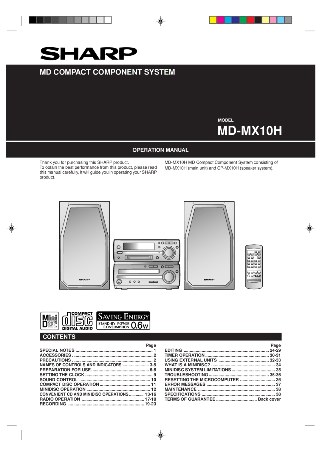 Sharp MD-MX10H operation manual Contents 