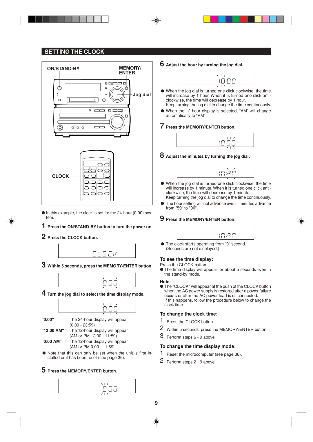 Sharp MD-MX10H operation manual To see the time display, To change the clock time, To change the time display mode 