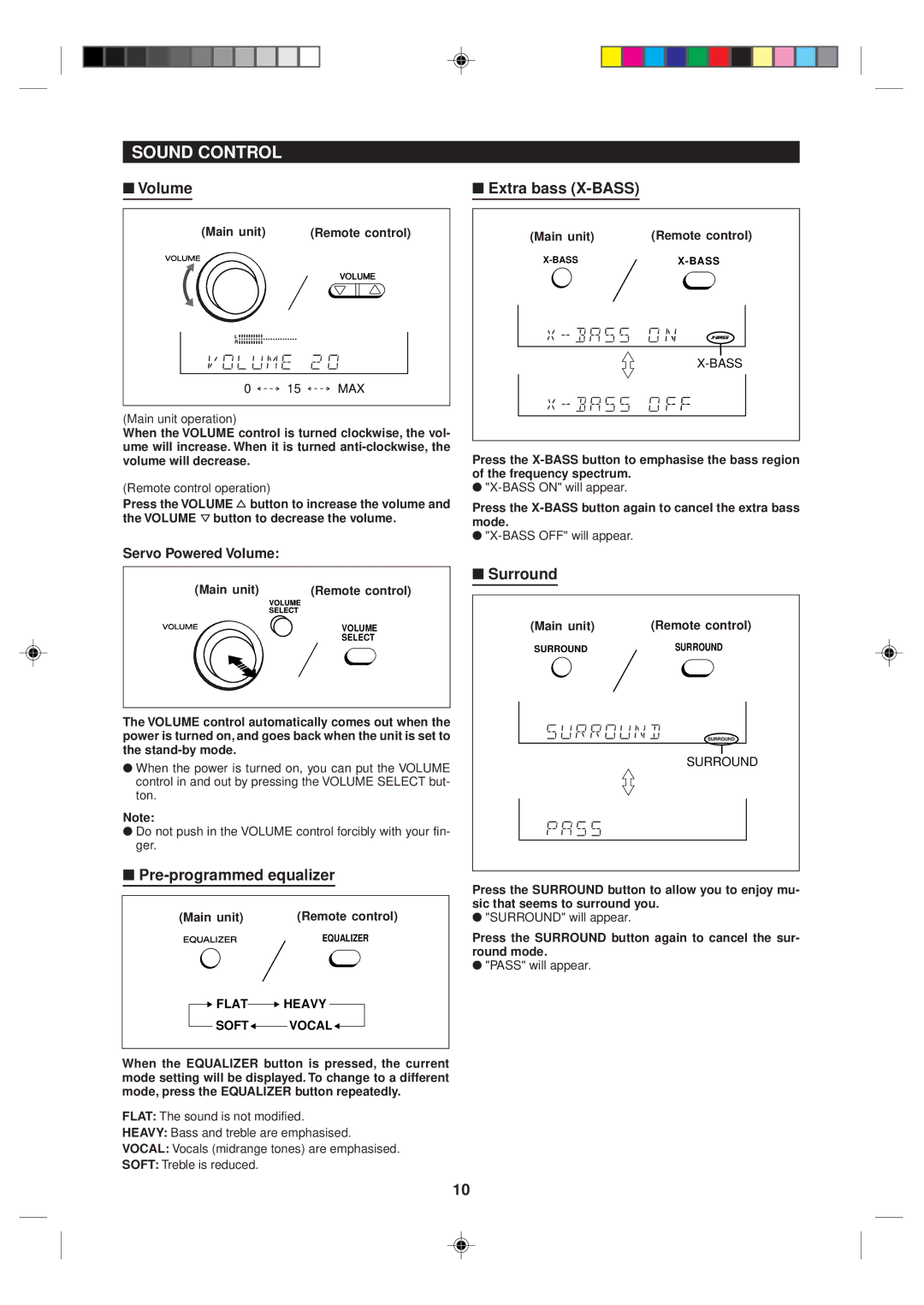 Sharp MD-MX10H operation manual Sound Control, Volume, Pre-programmed equalizer, Extra bass X-BASS, Surround 