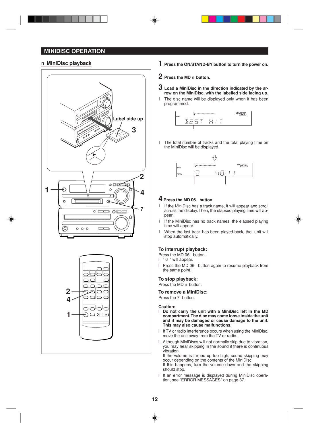 Sharp MD-MX10H operation manual Minidisc Operation, MiniDisc playback, To remove a MiniDisc, Press the MD 06 button 