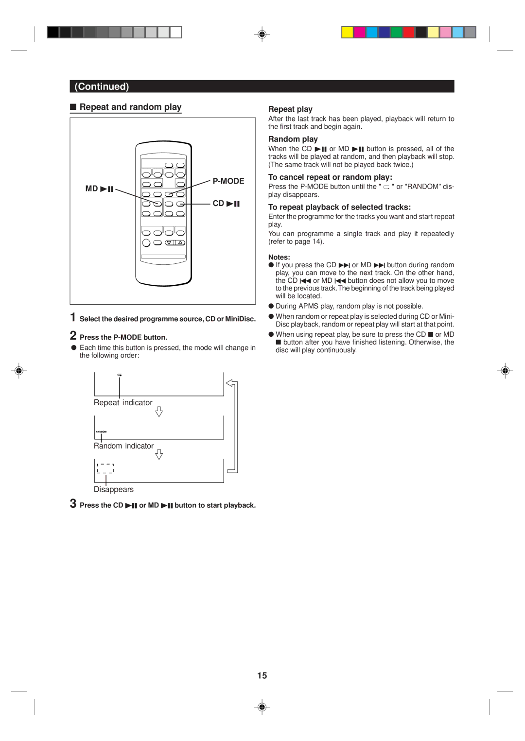 Sharp MD-MX10H operation manual Repeat and random play, Mode 