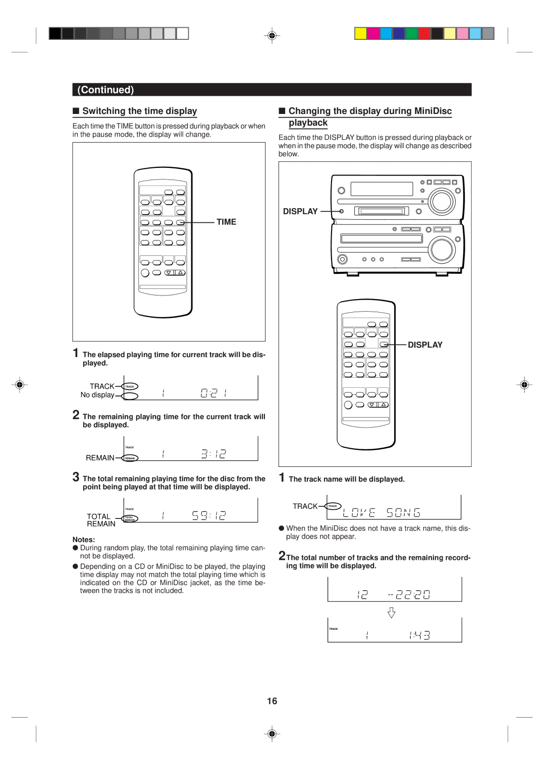 Sharp MD-MX10H operation manual Switching the time display, Changing the display during MiniDisc playback, Time, Display 