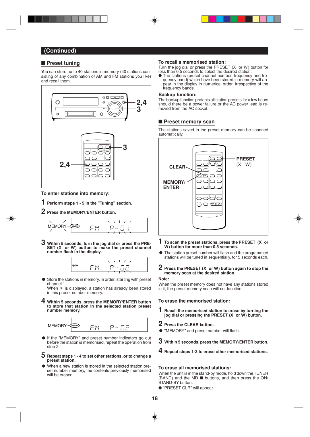 Sharp MD-MX10H operation manual Preset tuning, Preset memory scan, Clear Memory Enter 