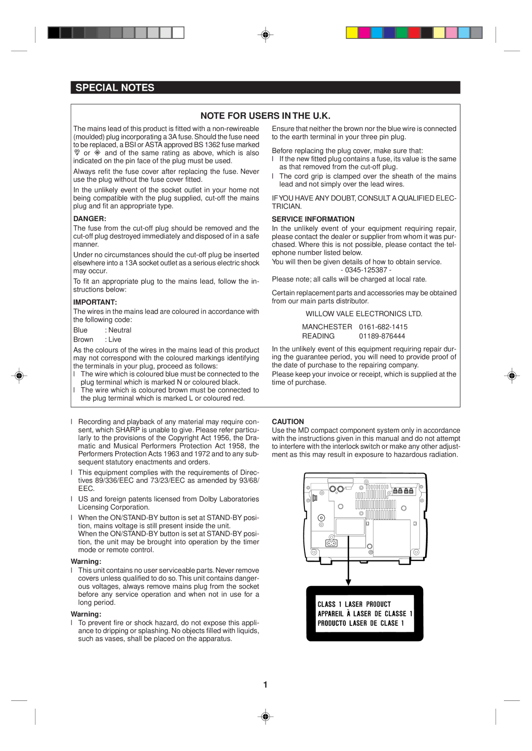 Sharp MD-MX10H operation manual Special Notes, Service Information 