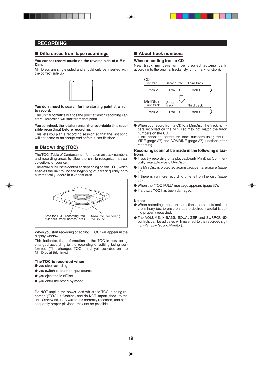 Sharp MD-MX10H operation manual Recording, Differences from tape recordings, Disc writing TOC, About track numbers 