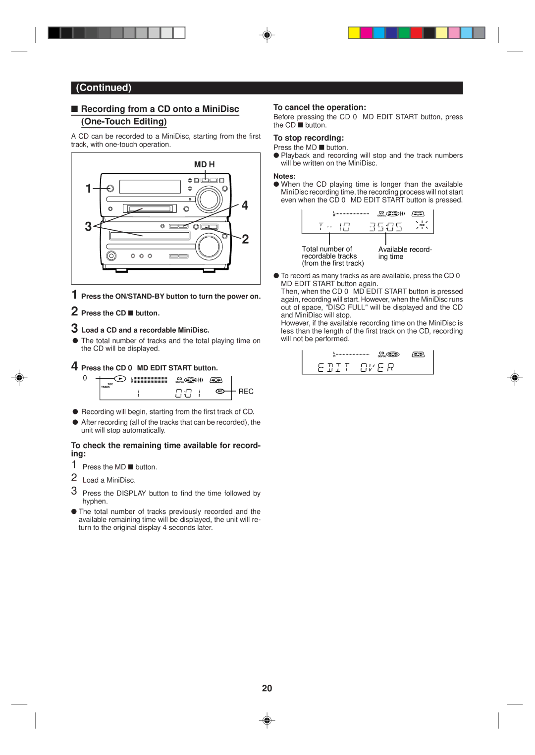 Sharp MD-MX10H Recording from a CD onto a MiniDisc One-Touch Editing, To cancel the operation, To stop recording 