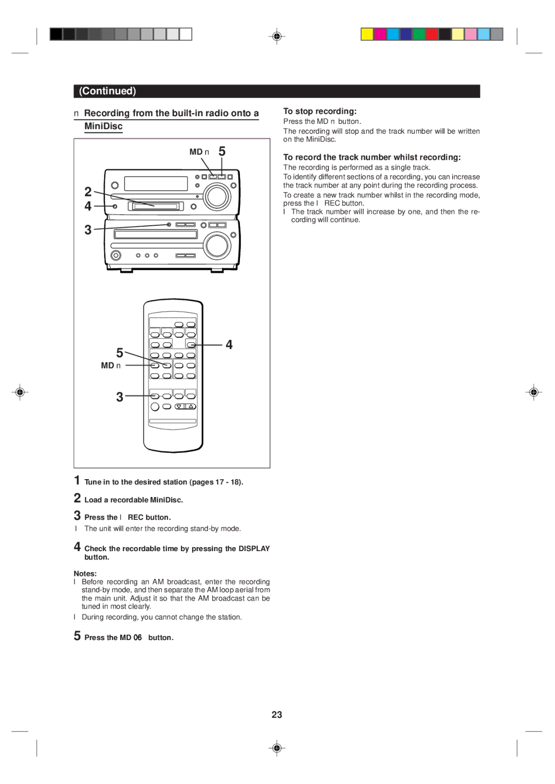 Sharp MD-MX10H Recording from the built-in radio onto a MiniDisc, To record the track number whilst recording 