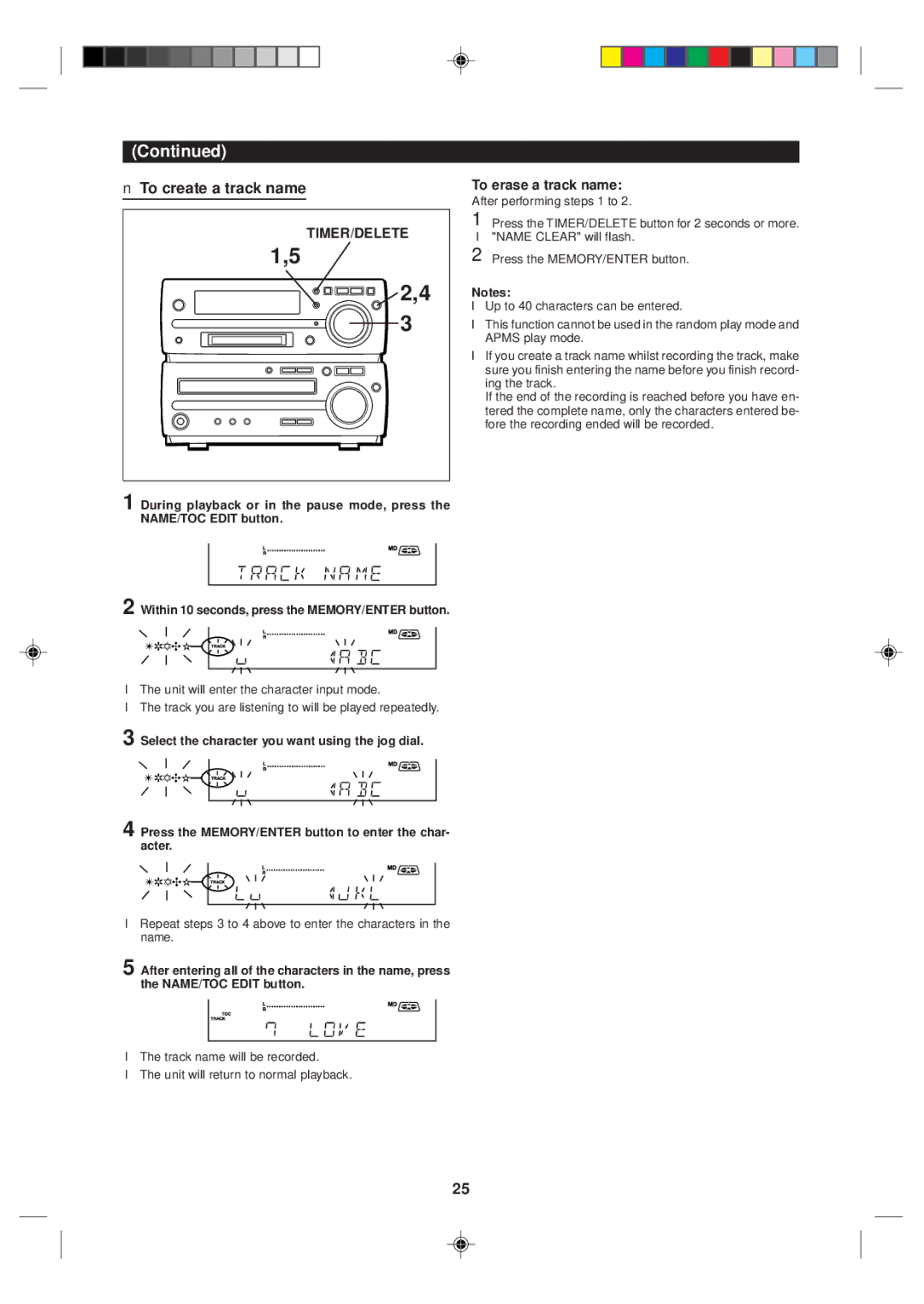 Sharp MD-MX10H operation manual To create a track name, To erase a track name 