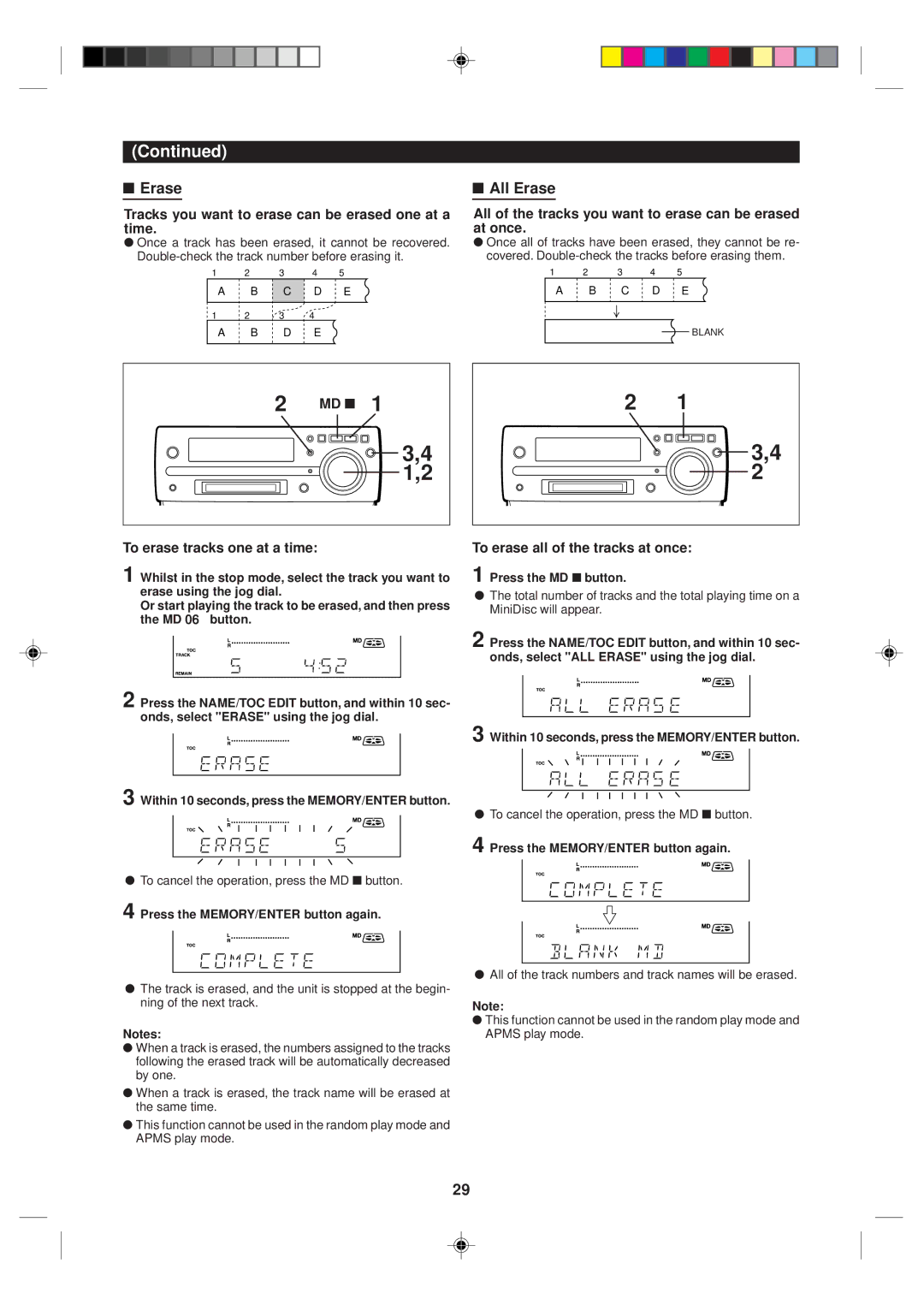 Sharp MD-MX10H Erase All Erase, Tracks you want to erase can be erased one at a time, To erase tracks one at a time 