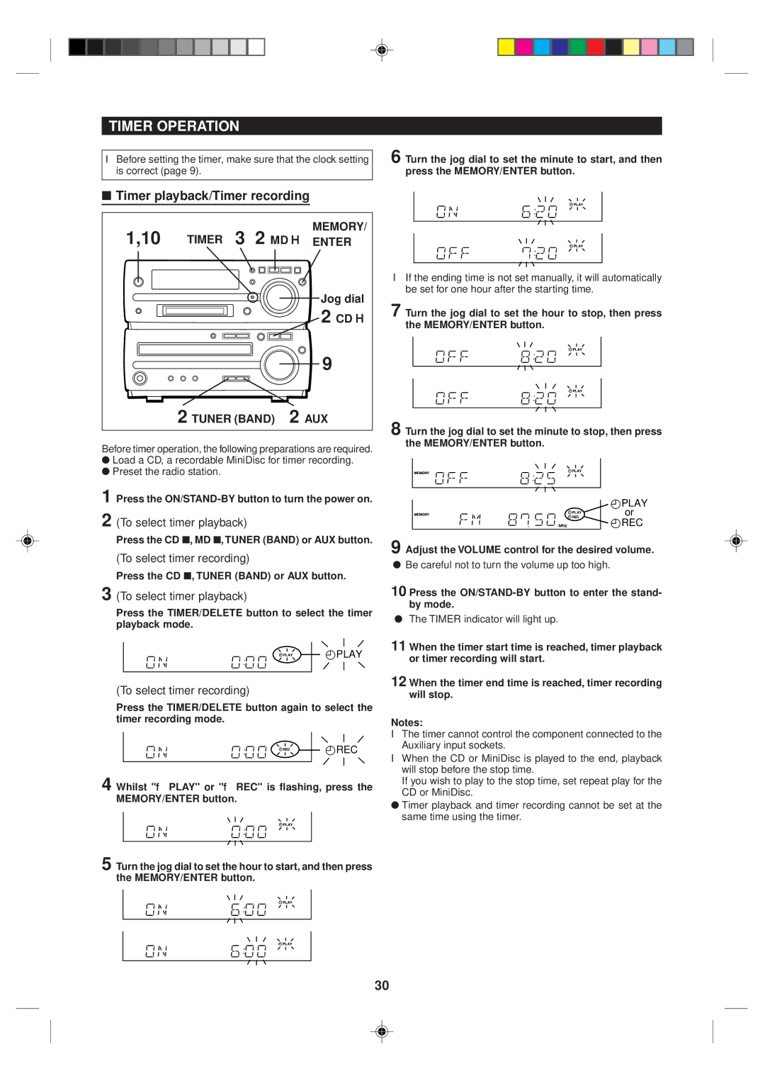 Sharp MD-MX10H operation manual Timer Operation, Timer playback/Timer recording, Jog dial 2 CD H, Tuner Band 2 AUX 