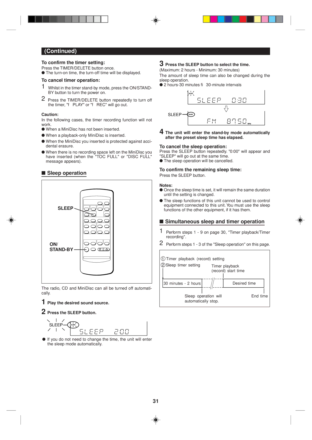 Sharp MD-MX10H operation manual Sleep operation, Simultaneous sleep and timer operation, Stand-By 