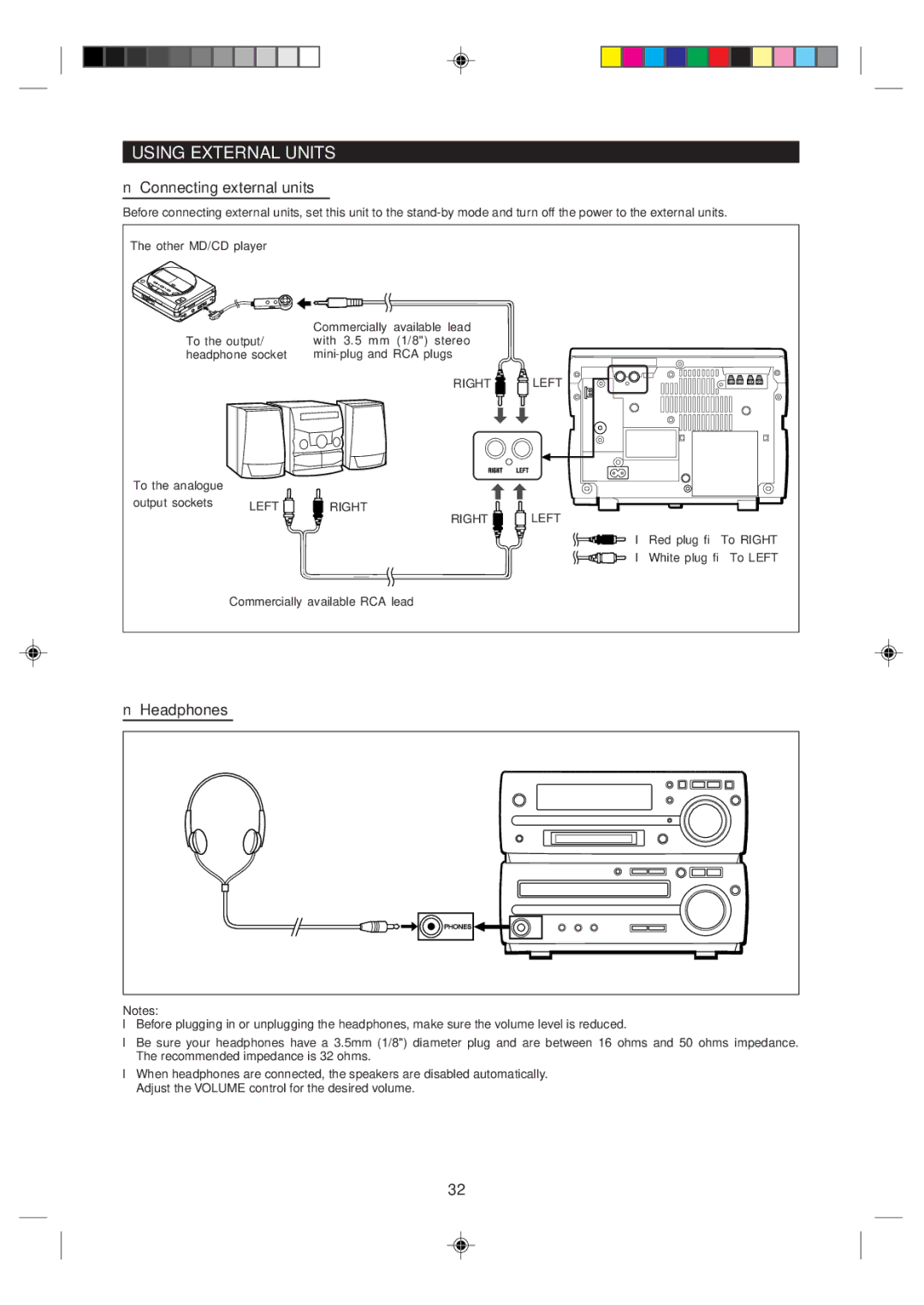 Sharp MD-MX10H operation manual Using External Units, Connecting external units, Headphones 