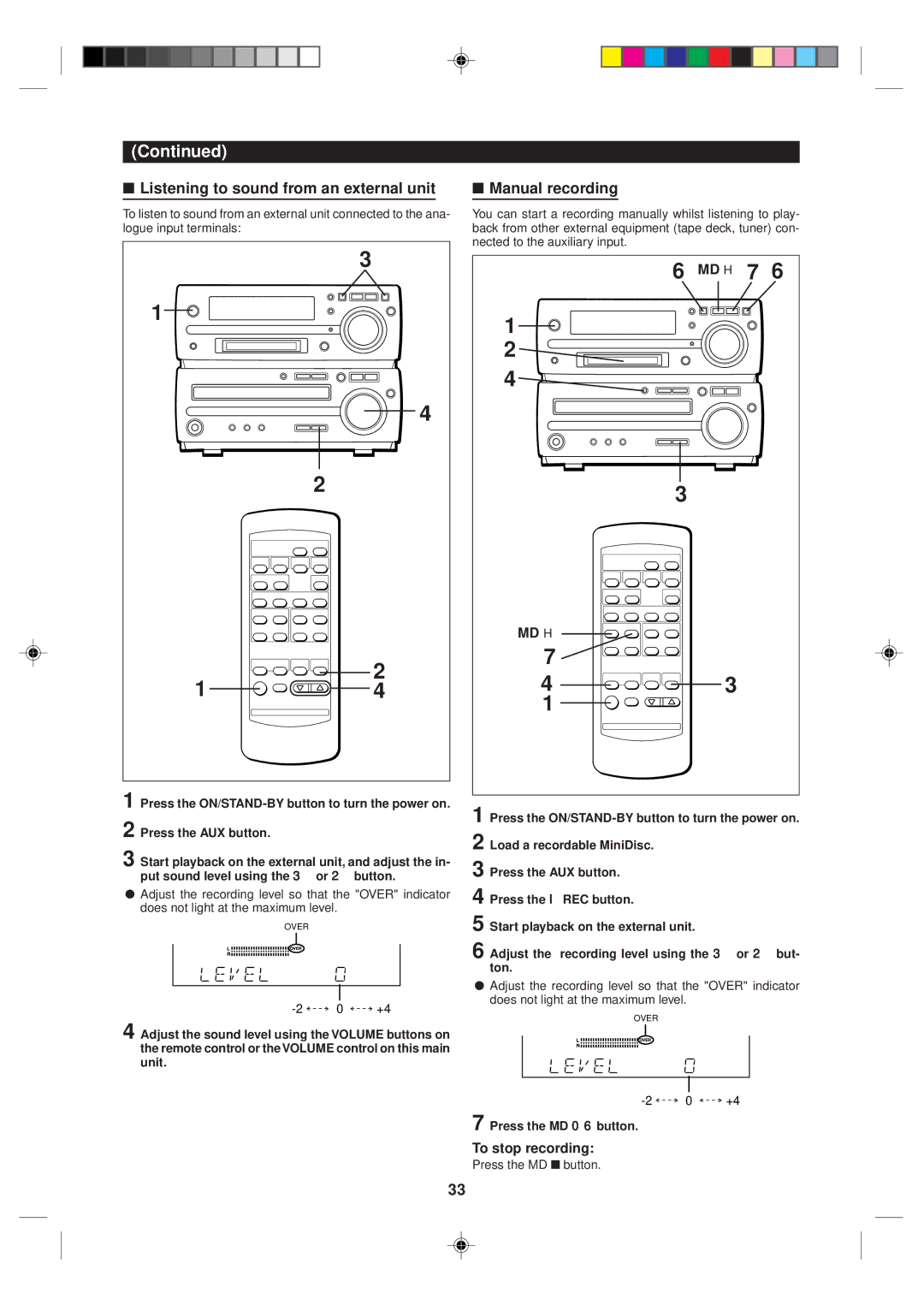 Sharp MD-MX10H operation manual Listening to sound from an external unit, Manual recording 