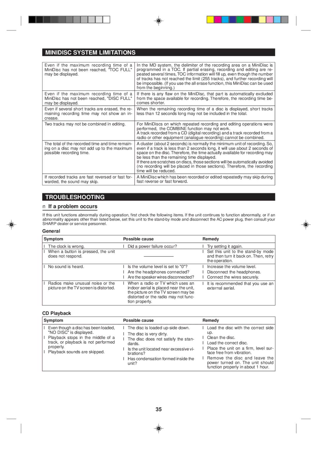 Sharp MD-MX10H operation manual Minidisc System Limitations, Troubleshooting, If a problem occurs, General, CD Playback 