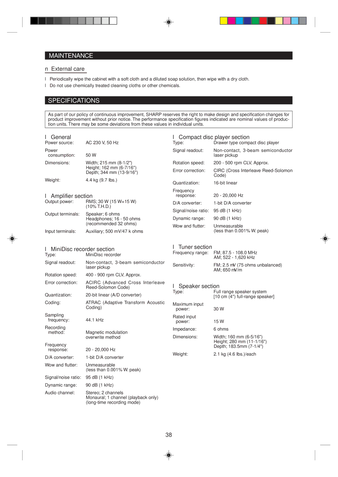 Sharp MD-MX10H operation manual Maintenance, Specifications 