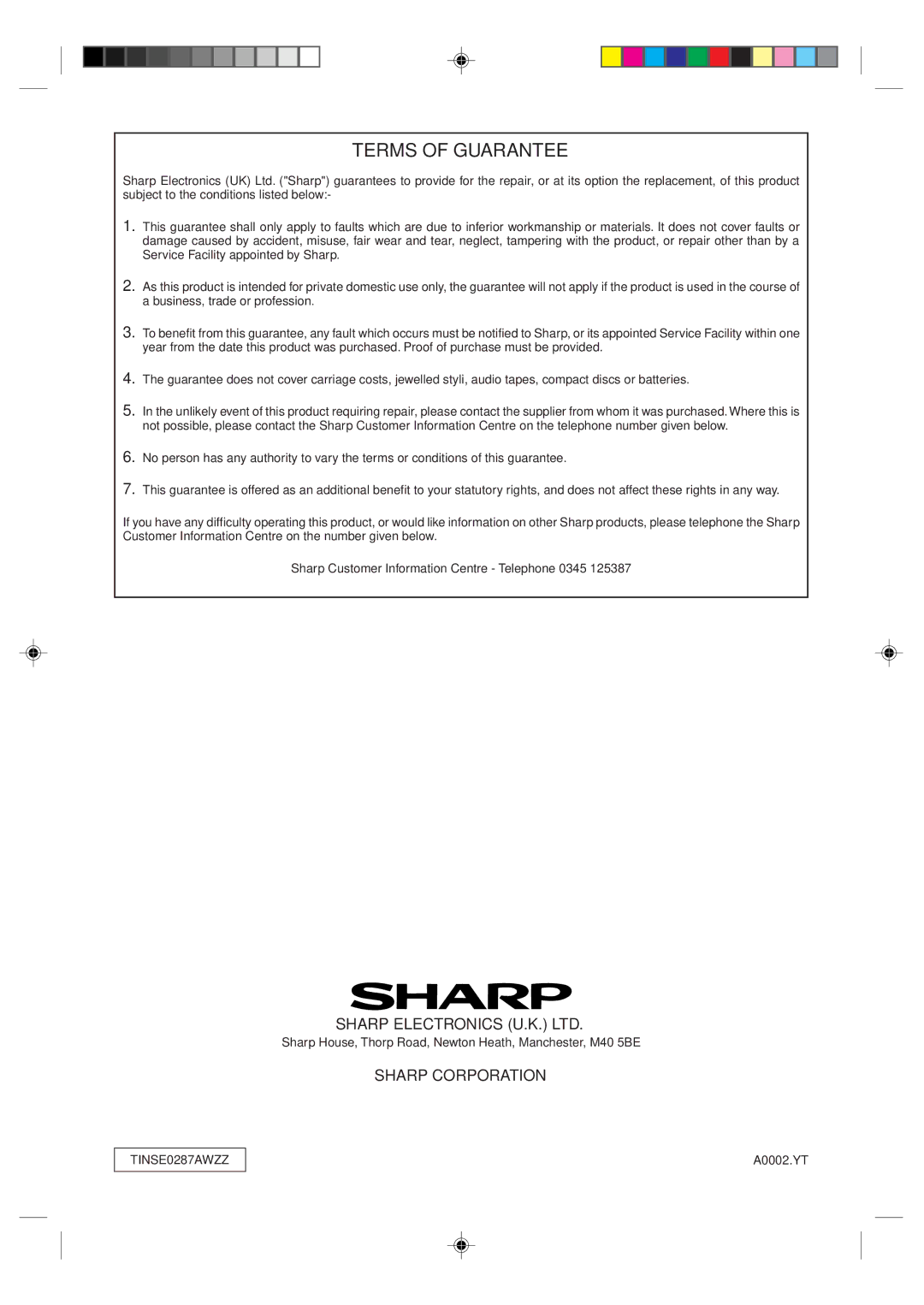 Sharp MD-MX10H operation manual Terms of Guarantee 