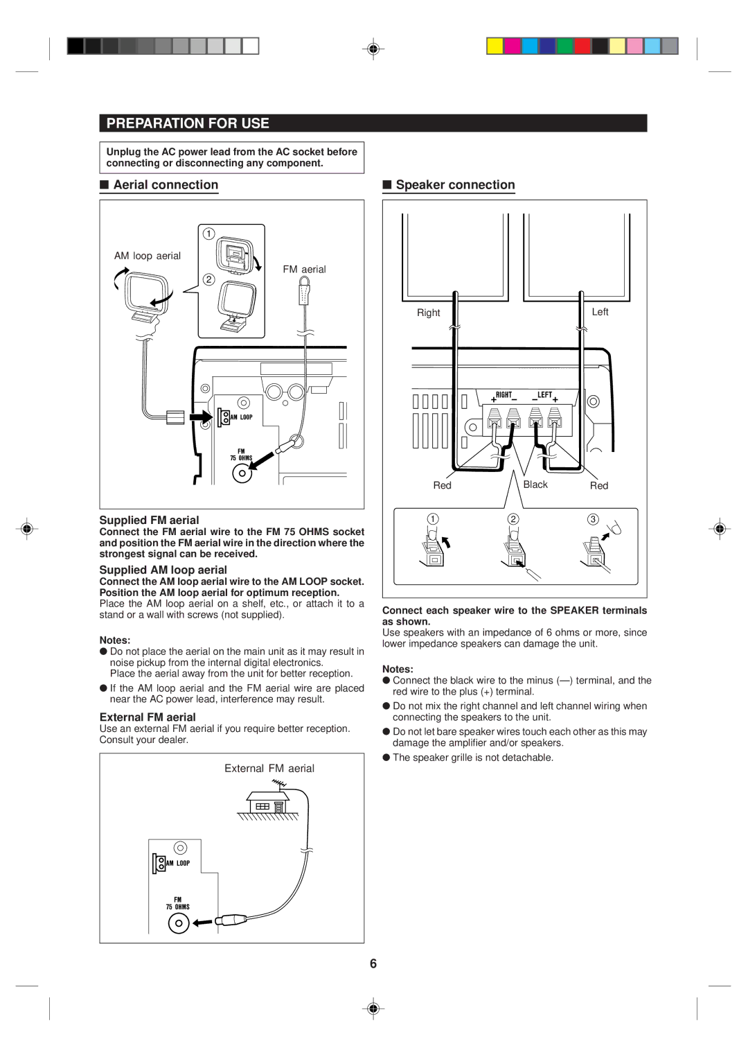 Sharp MD-MX10H operation manual Preparation for USE, Aerial connection, Speaker connection 