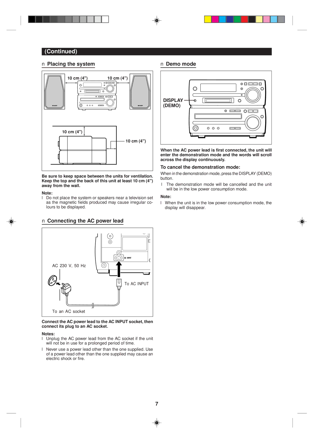 Sharp MD-MX10H Placing the system, Connecting the AC power lead, Demo mode, Display Demo, To cancel the demonstration mode 