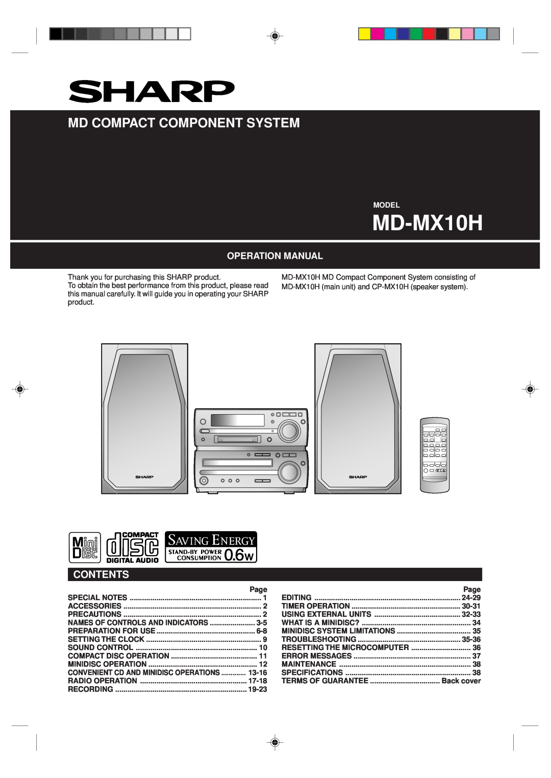Sharp MD-MX10H operation manual Contents, Md Compact Component System, Model 
