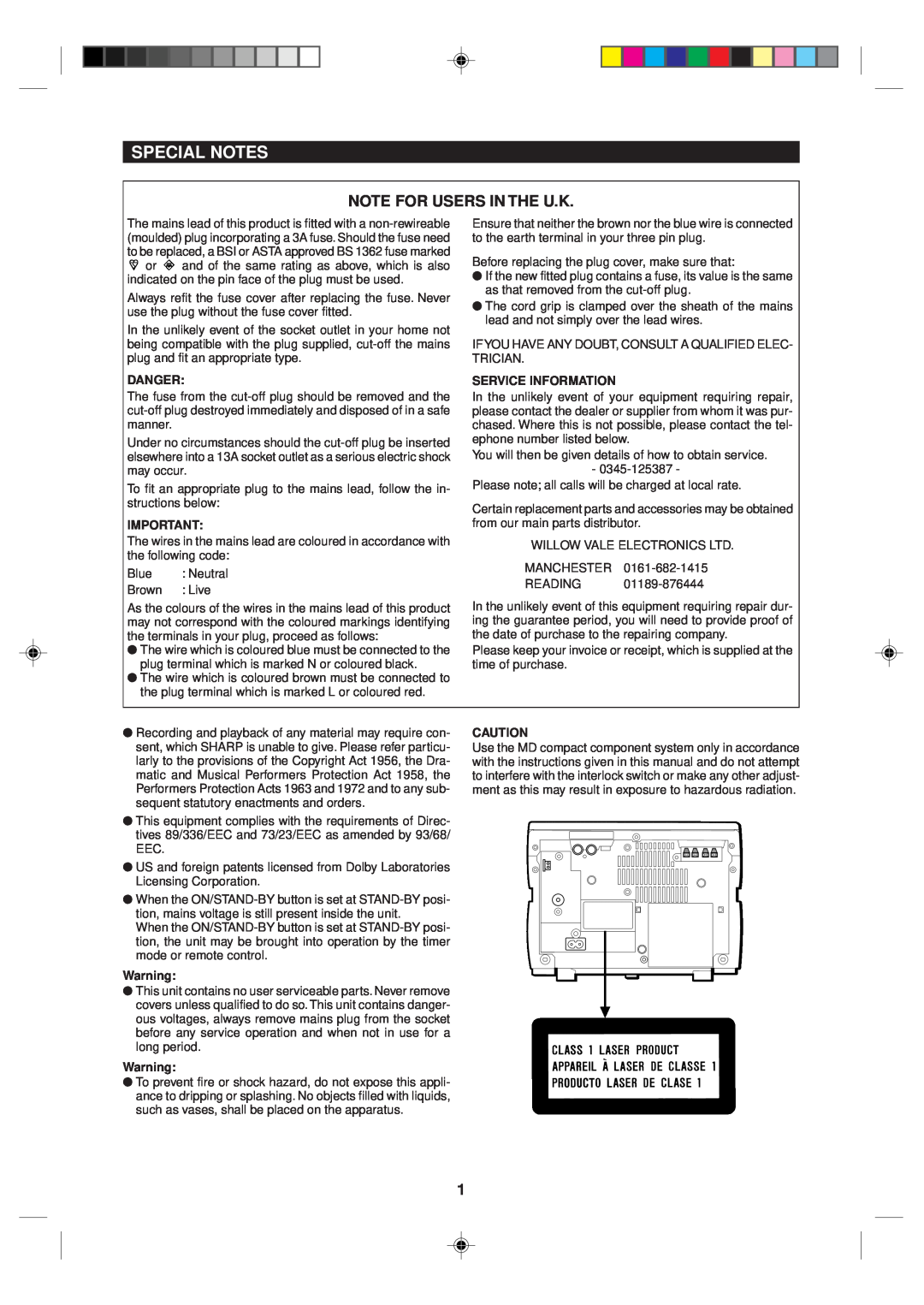 Sharp MD-MX10H operation manual Special Notes, Note For Users In The U.K 