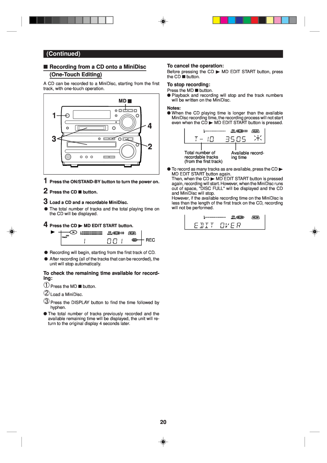 Sharp MD-MX10H operation manual To cancel the operation, To stop recording, Continued, Md H 