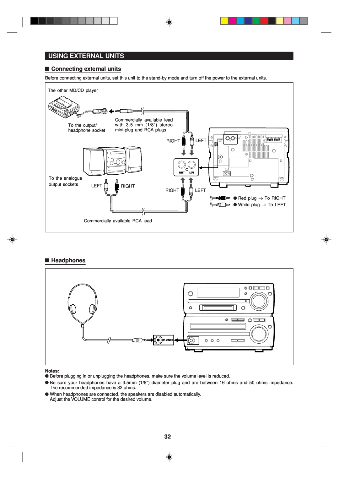 Sharp MD-MX10H operation manual Using External Units, Connecting external units, Headphones 