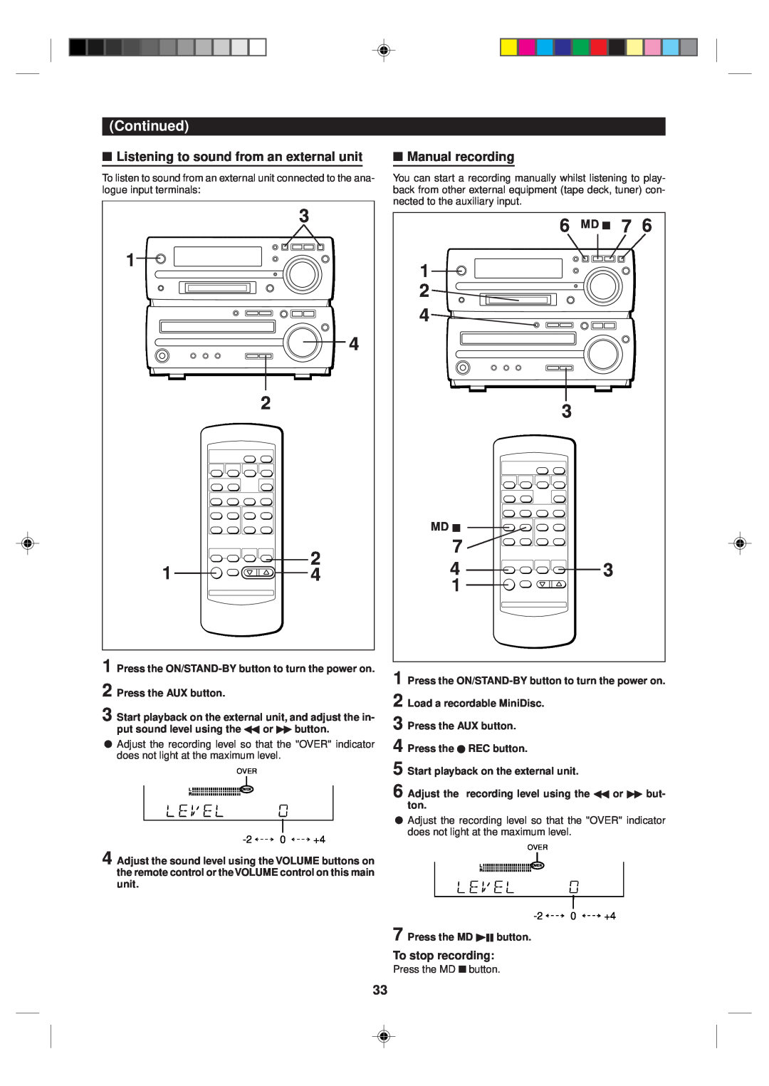 Sharp MD-MX10H operation manual Listening to sound from an external unit, Manual recording 
