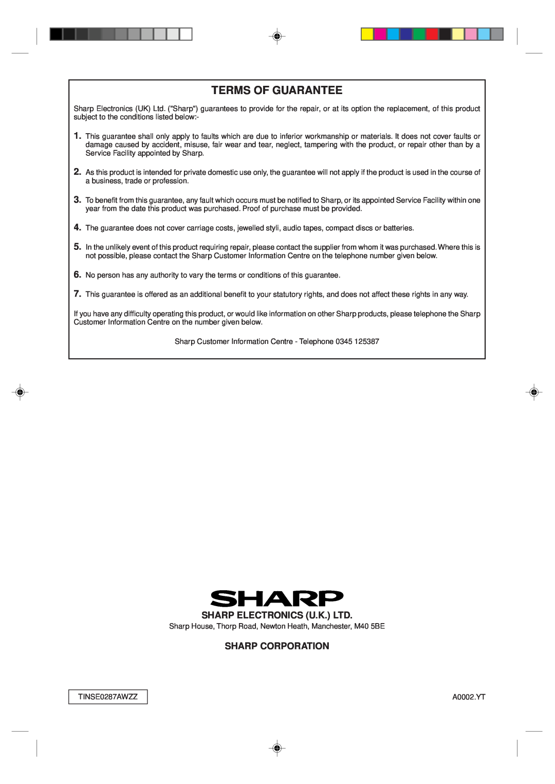 Sharp MD-MX10H operation manual Sharp Corporation, Terms Of Guarantee 