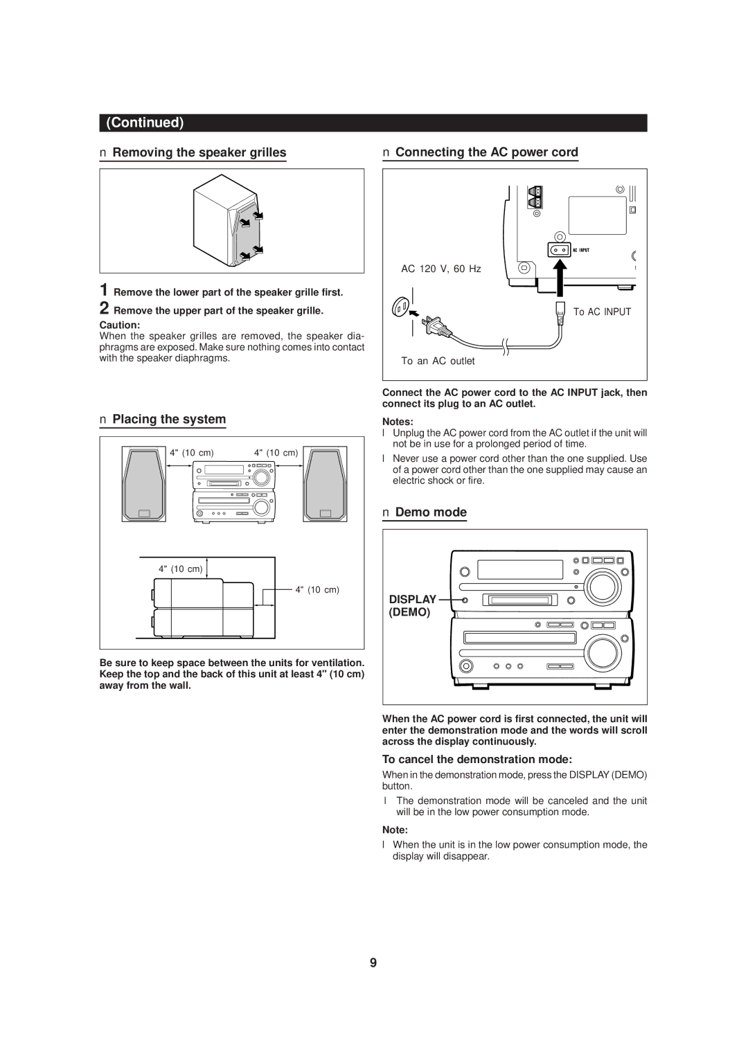 Sharp MD-MX20 Removing the speaker grilles, Placing the system, Connecting the AC power cord, Demo mode, Display Demo 