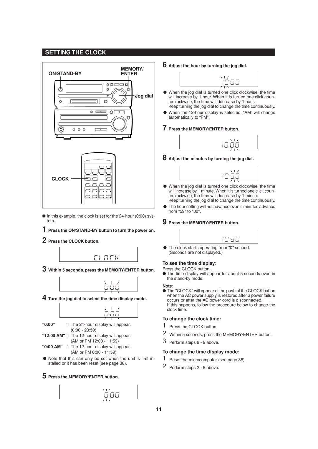 Sharp MD-MX20 operation manual Setting the Clock, ON/STAND-BY Memory Enter 