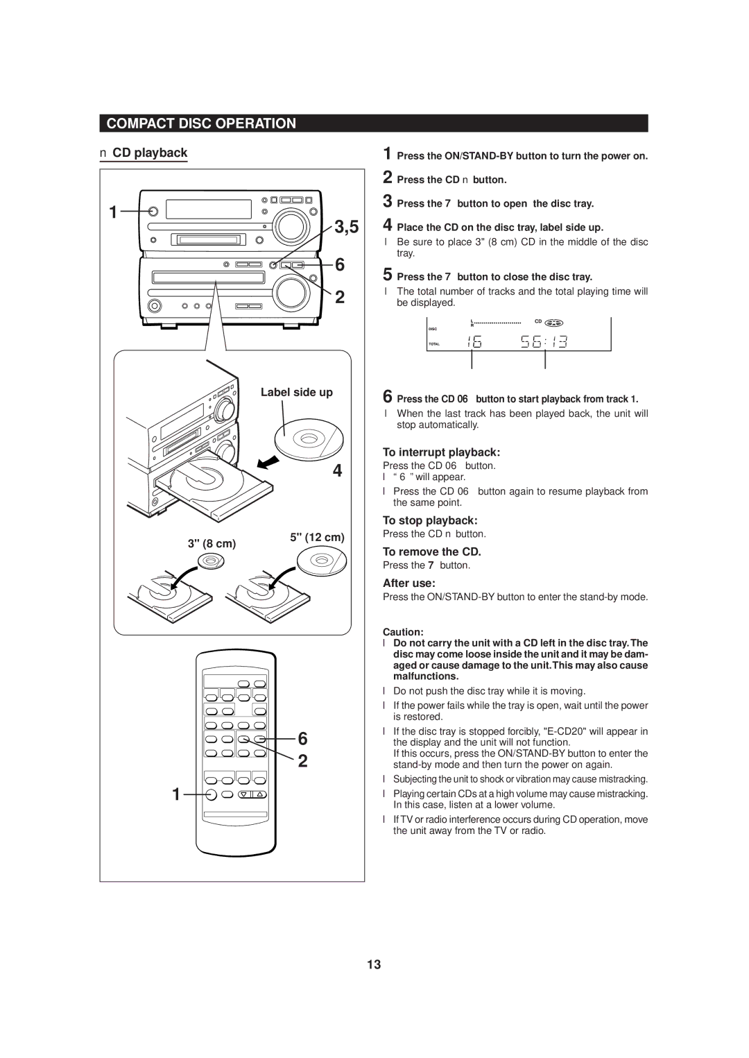 Sharp MD-MX20 operation manual Compact Disc Operation, CD playback 