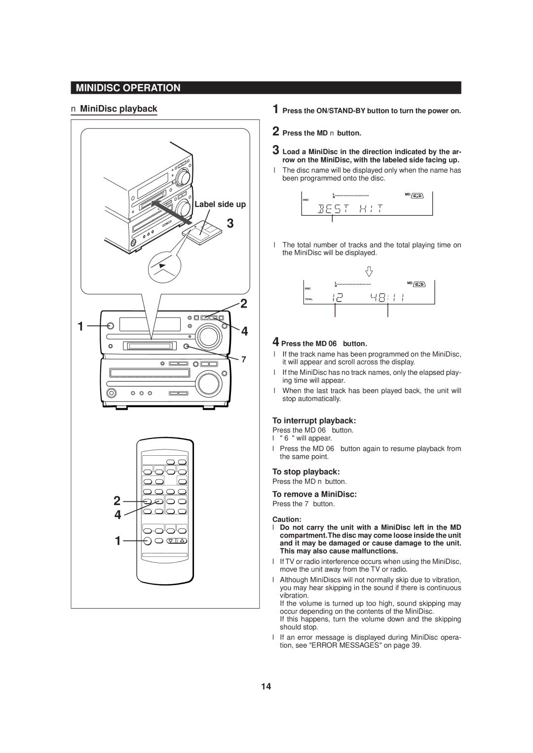 Sharp MD-MX20 operation manual Minidisc Operation, MiniDisc playback, To remove a MiniDisc, Press the MD 06 button 