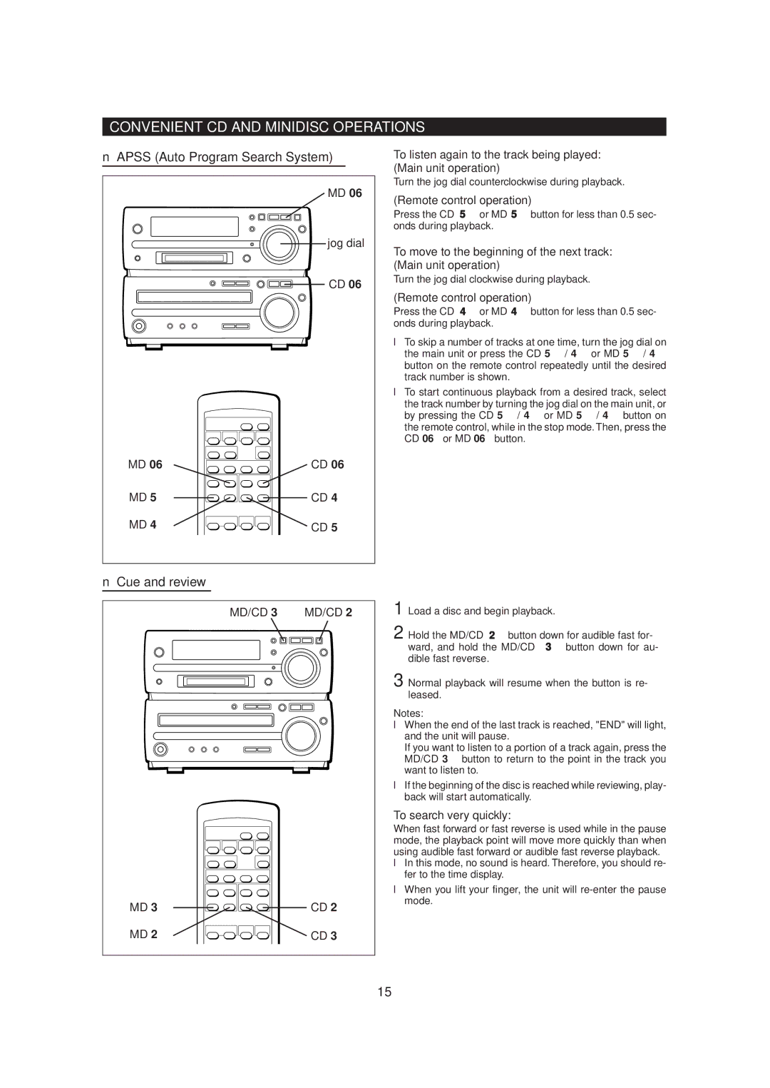 Sharp MD-MX20 Convenient CD and Minidisc Operations, Apss Auto Program Search System, Cue and review, MD/CD 3 MD/CD 