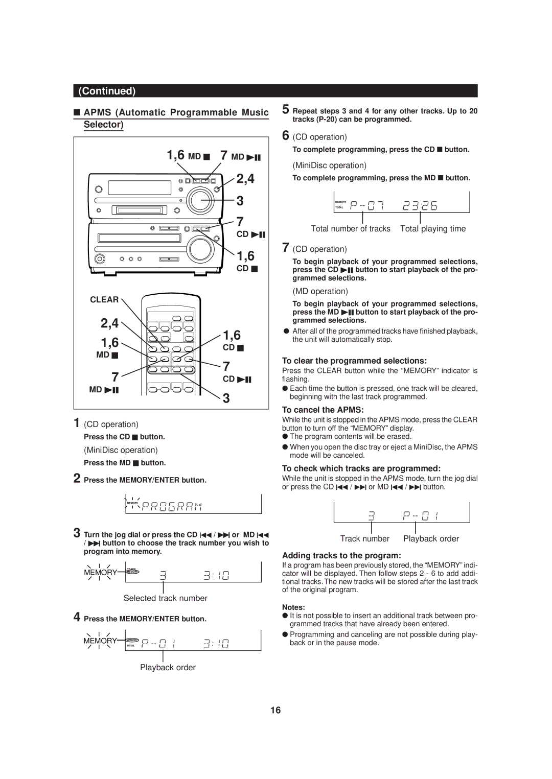 Sharp MD-MX20 operation manual Apms Automatic Programmable Music Selector, Cd H, Clear CD H MD H 