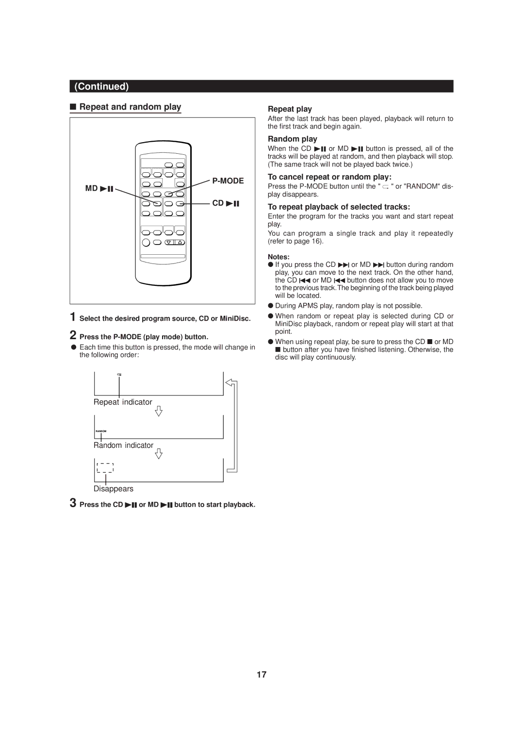 Sharp MD-MX20 operation manual Repeat and random play, Mode 