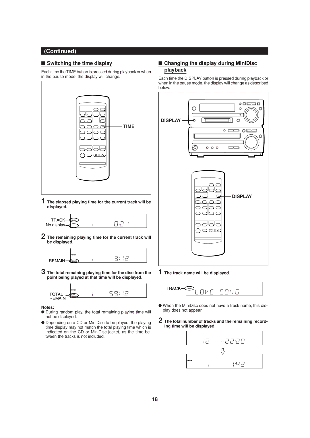 Sharp MD-MX20 operation manual Switching the time display, Changing the display during MiniDisc playback, Time, Display 