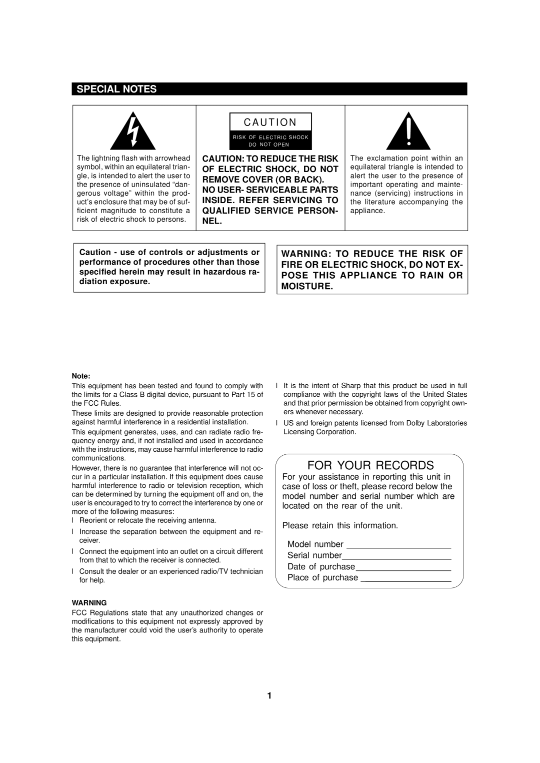 Sharp MD-MX20 operation manual Special Notes, Please retain this information 