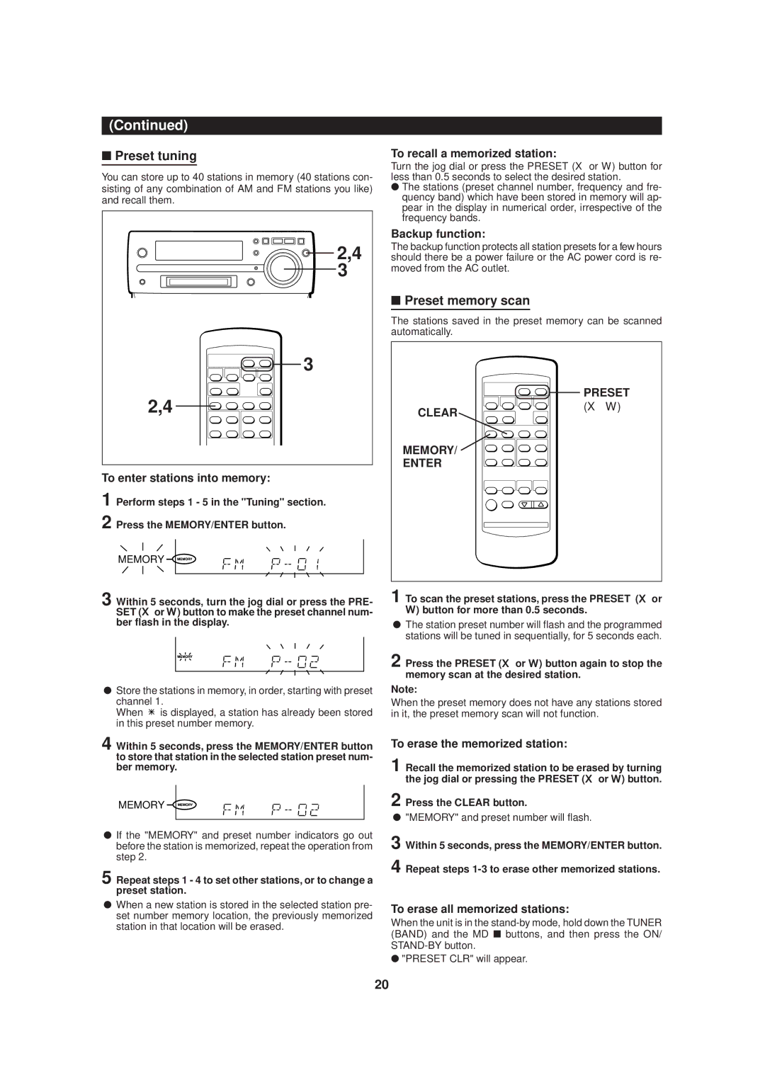 Sharp MD-MX20 operation manual Preset tuning, Preset memory scan, Clear Memory Enter 