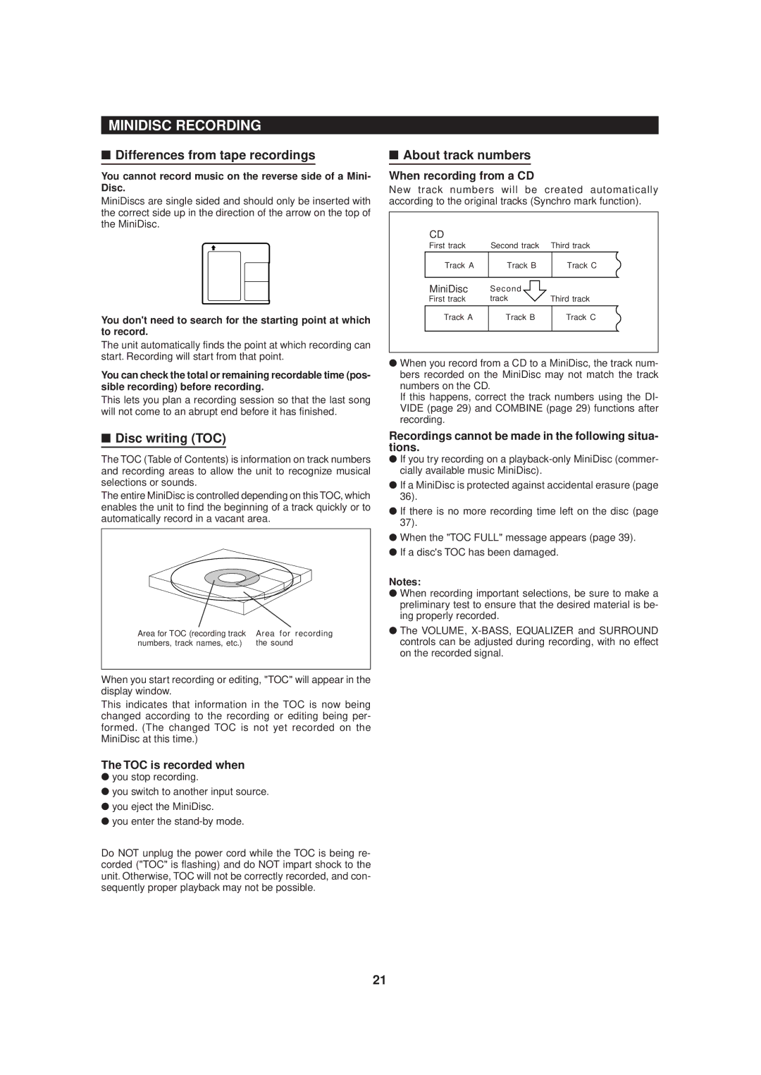 Sharp MD-MX20 operation manual Minidisc Recording, Differences from tape recordings, Disc writing TOC, About track numbers 