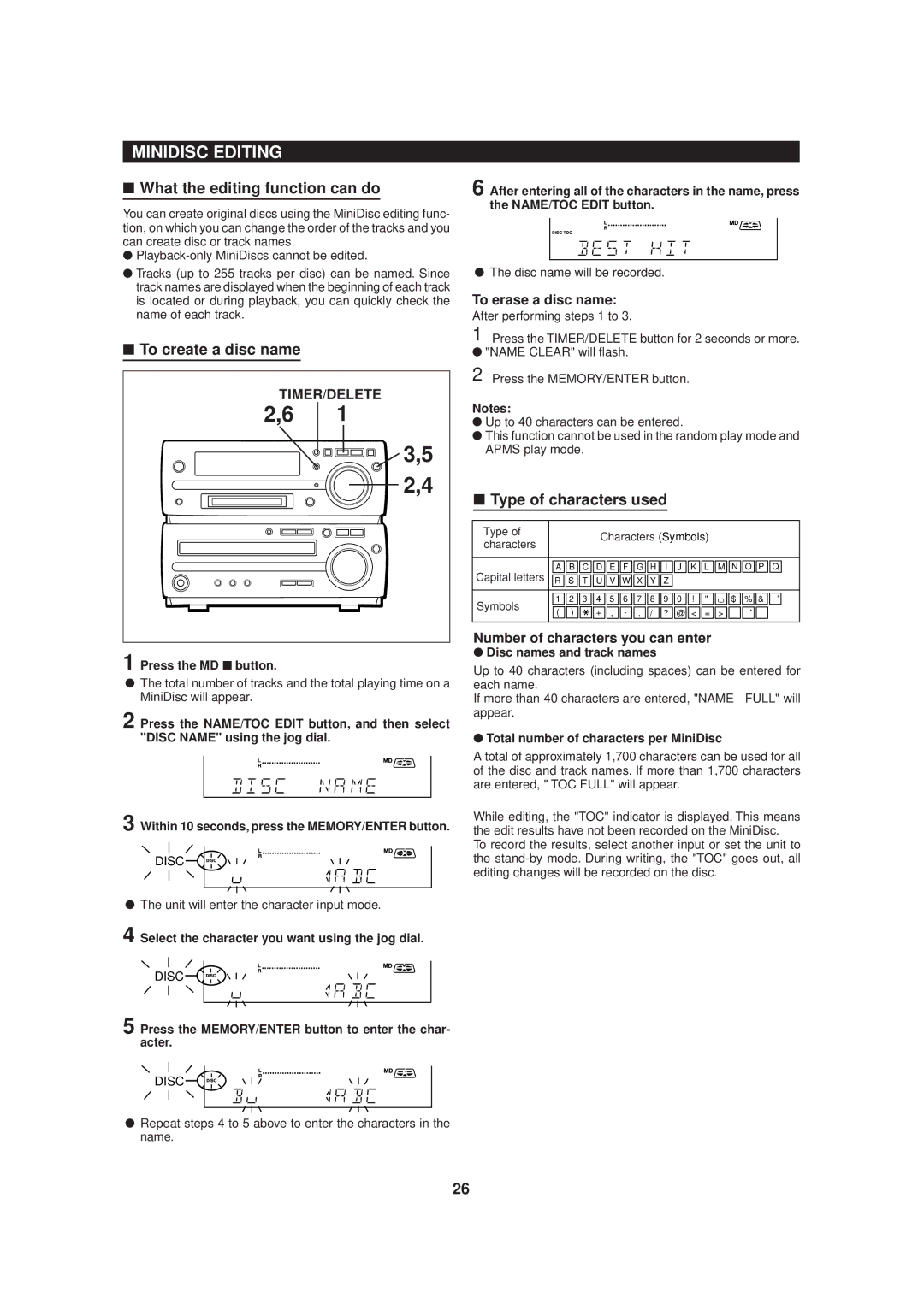 Sharp MD-MX20 Minidisc Editing, What the editing function can do, To create a disc name, Type of characters used 