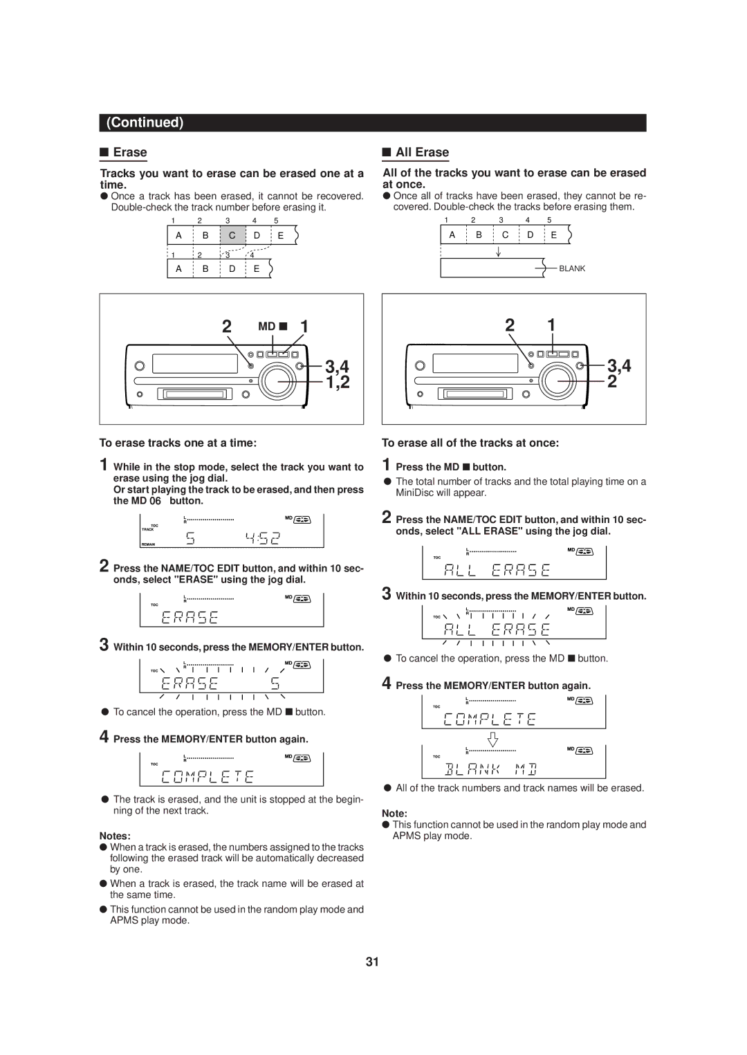 Sharp MD-MX20 Erase All Erase, Tracks you want to erase can be erased one at a time, To erase tracks one at a time 