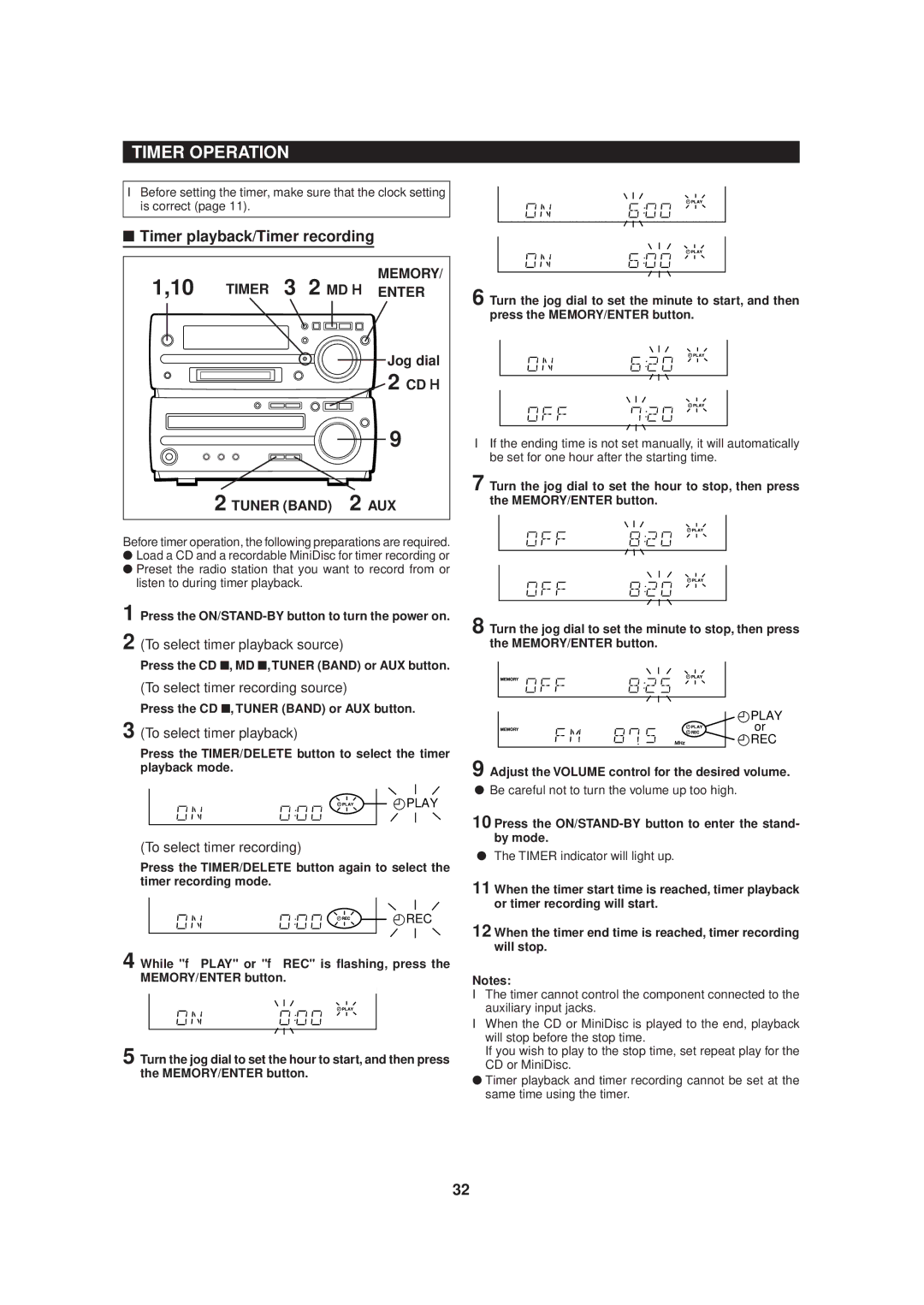 Sharp MD-MX20 operation manual Timer Operation, Timer playback/Timer recording, Jog dial 2 CD H, Tuner Band 2 AUX 