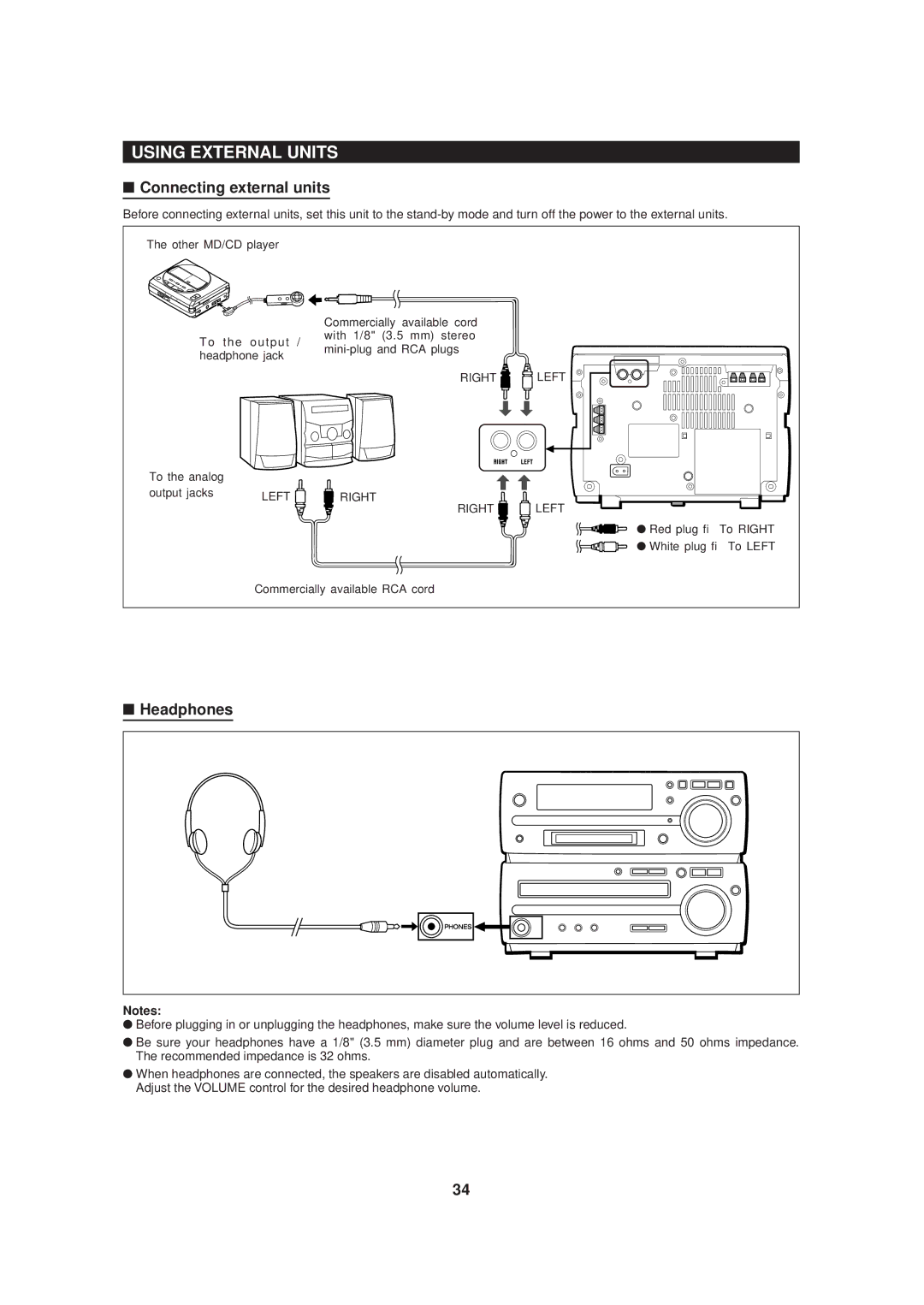 Sharp MD-MX20 operation manual Using External Units, Connecting external units, Headphones 