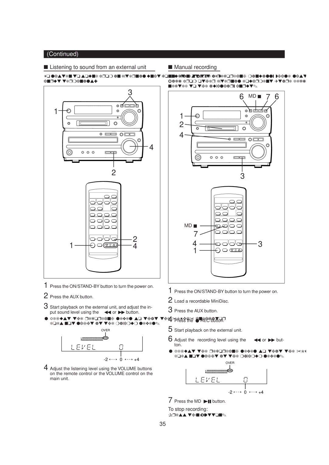 Sharp MD-MX20 operation manual Listening to sound from an external unit, Manual recording 